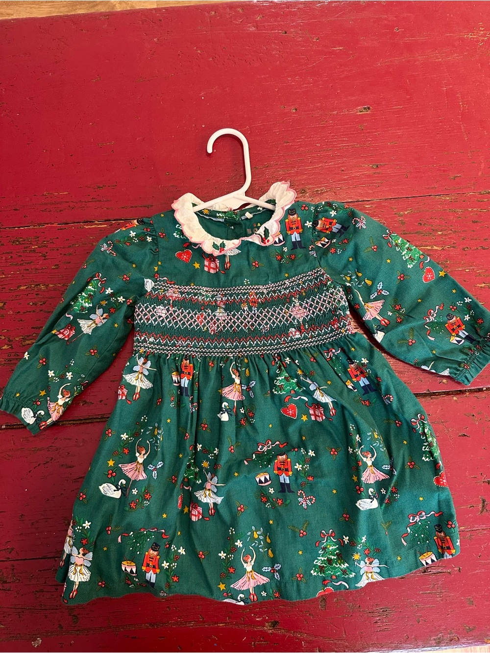 Boden Baby Green Nutcracker & Ballerina Print Dress
